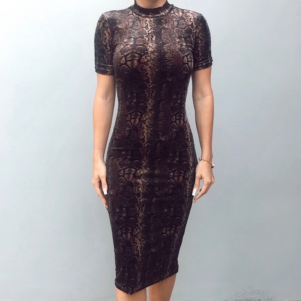 Zara Brown and Black Snakeskin-Print Midi Dress